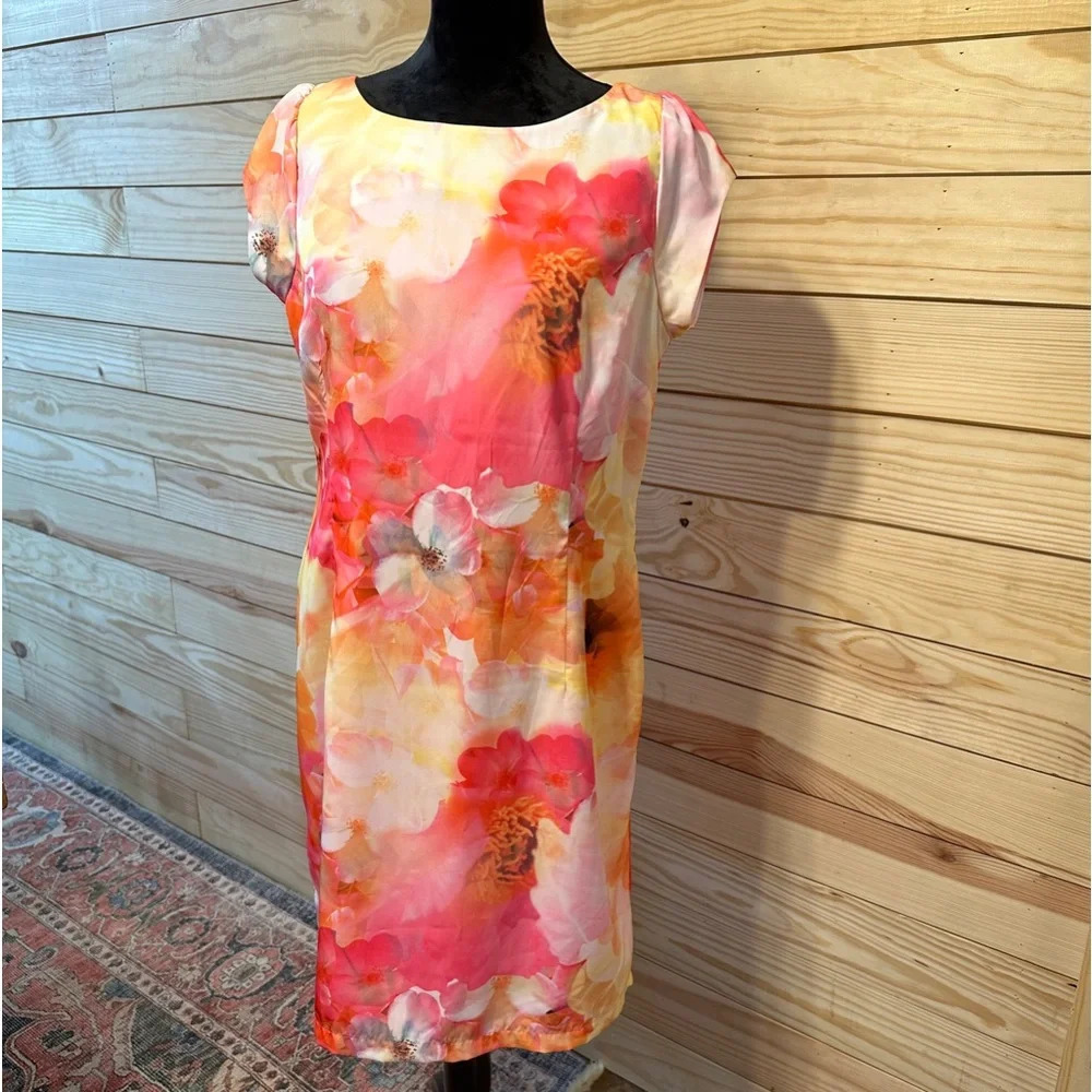NWT Liz Clairborne Beautyfloral Midi Dress White Orange Yellow Red Flowers 14